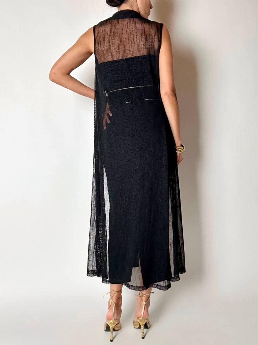 Gilet vintage lungo in rete nera con rever e spacchi laterali New Age