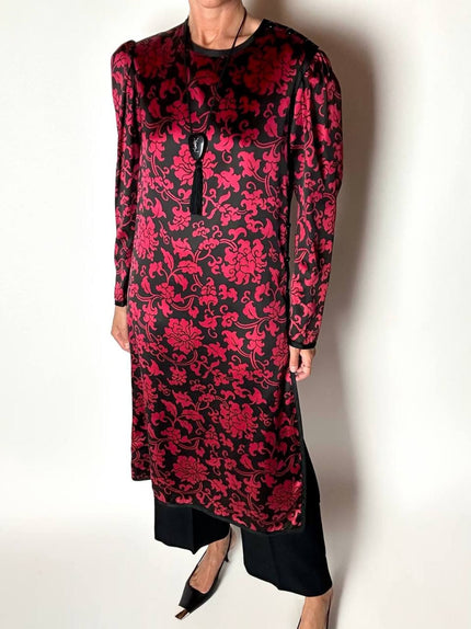 Abito Yves Saint Laurent Rive Gauche in raso con fantasia damascata rossa e nera