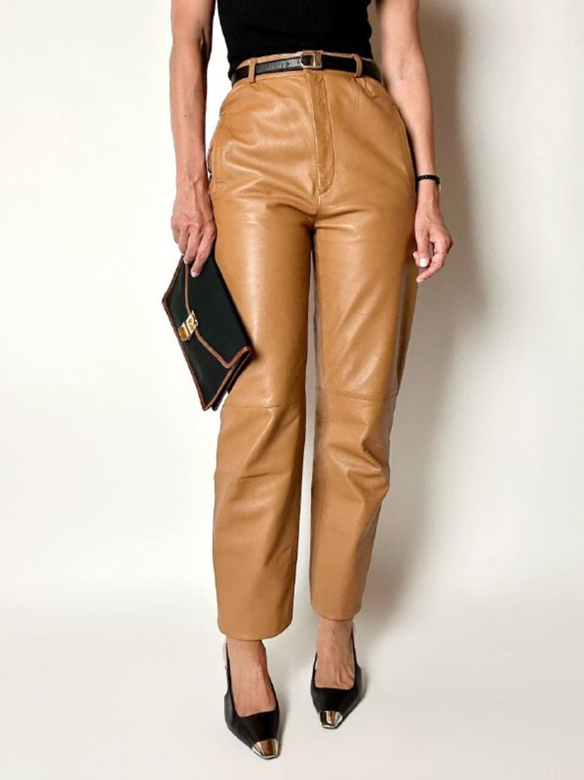 Vintage high-waisted tan leather trousers by Modissa