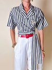 Moschino blue and white striped wrap blouse with embroidered peace symbol