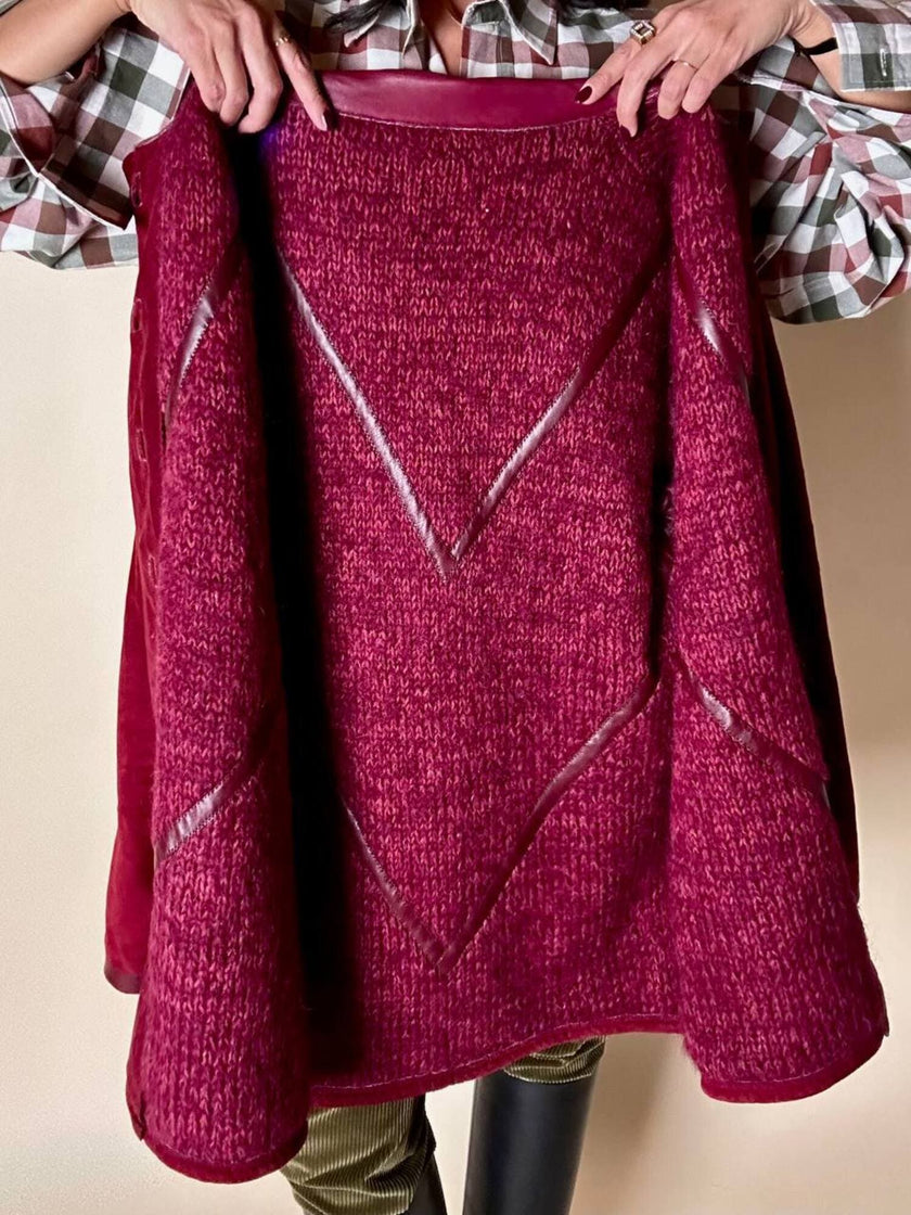 Giacca in suede borgogna con riporti in pelle e con interno in lana mélange in tinta