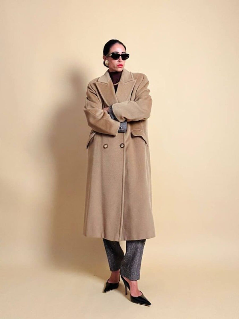 Cappotto doppiopetto in drap di lana cammello 