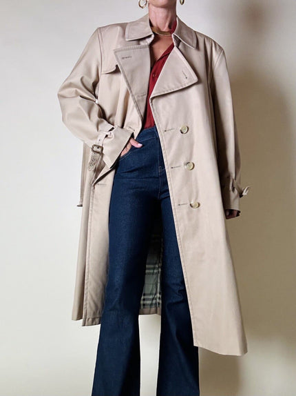 Trench in gabardine color cammello con fodera check “Mandria”