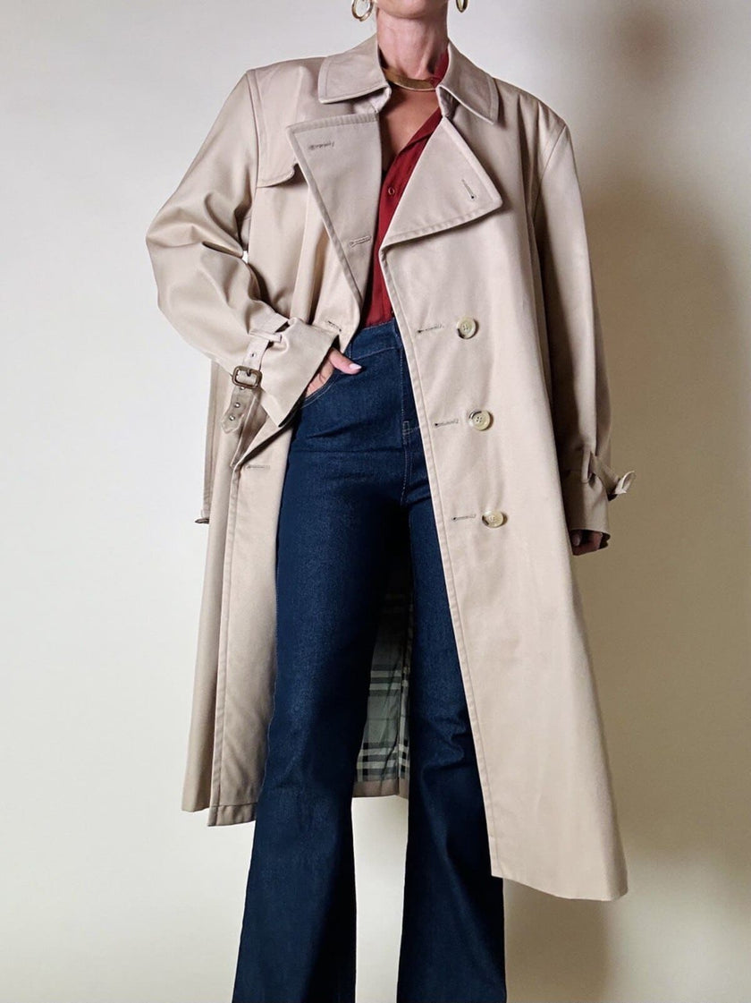 Trench in gabardine color cammello con fodera check “Mandria”