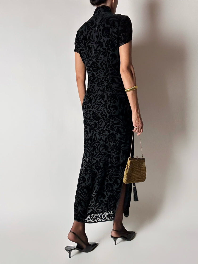 Abito qipao vintage in velluto di seta dévoré con alamari