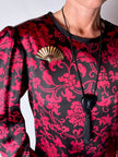 Abito Yves Saint Laurent Rive Gauche in raso con fantasia damascata rossa e nera
