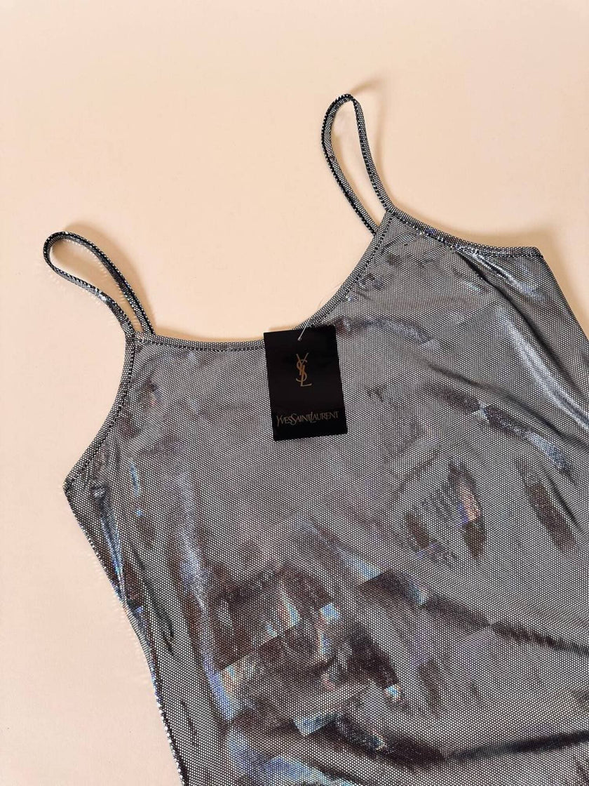 Canotta/mini dress in tessuto ologramma iridescente “Yves Saint Laurent”