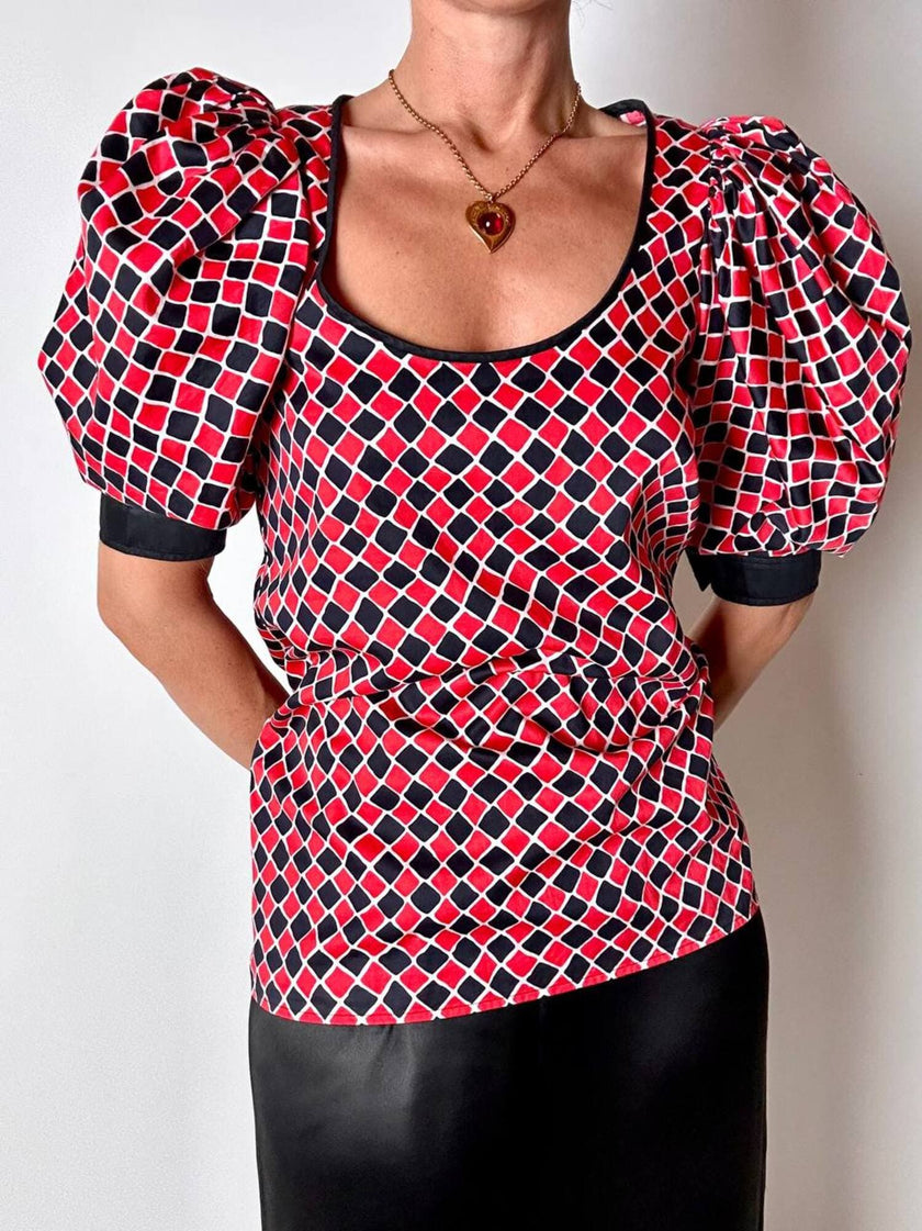 Blusa vintage Yves Saint Laurent fantasia Arlecchino con maniche a palloncino