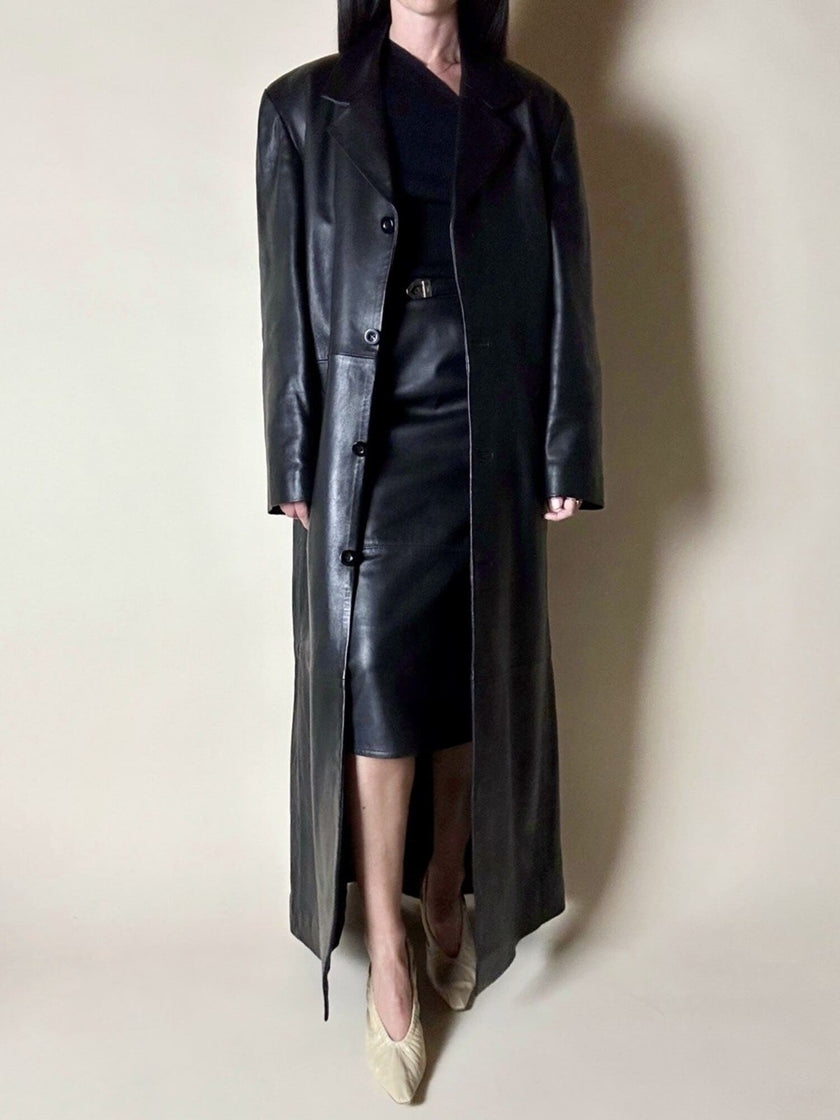Maxi cappotto vintage in pelle nera Real Leather con fodera matelassé