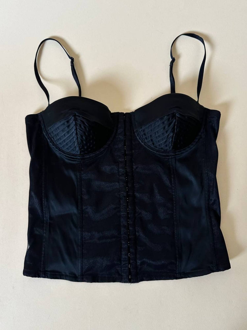 Schwarzes Satin-Bustier mit Tülleinsatz