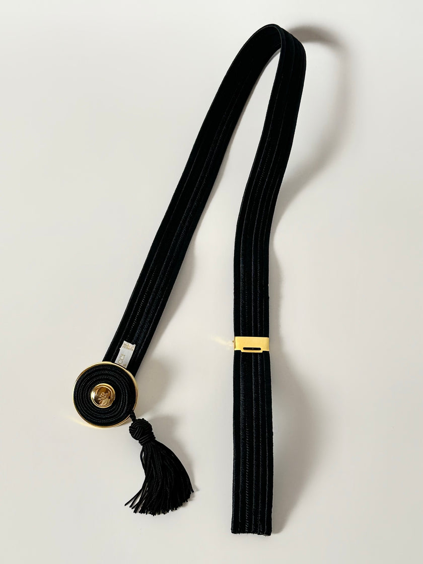 Cintura vintage Nina Ricci Paris in passamaneria elastica nera con fibbia gioiello e nappa couture