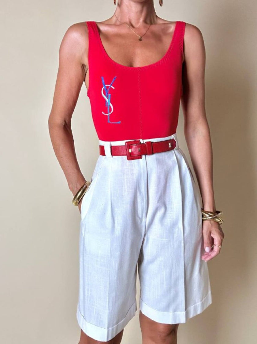 Costume intero Yves Saint Laurent roso brillante con maxi logo ricamato