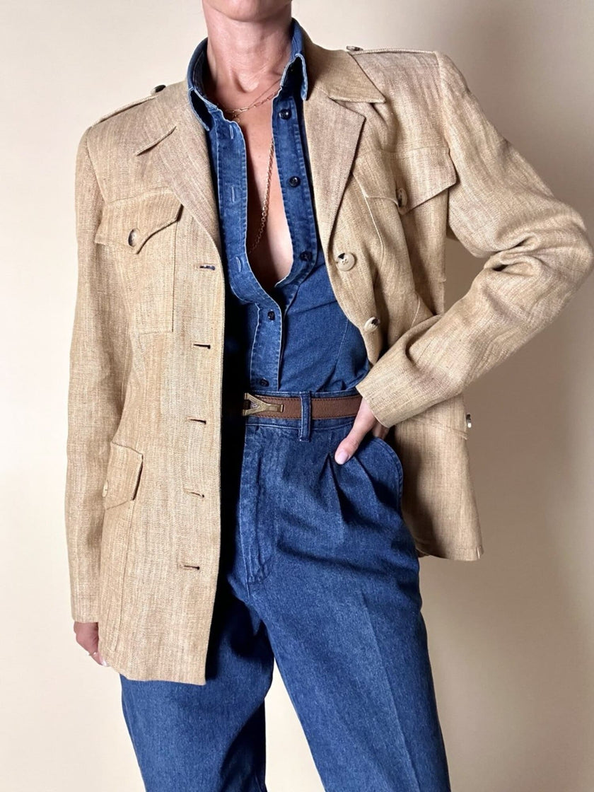 Giacca sahariana Yves Saint Laurent in lino mélange honey beige