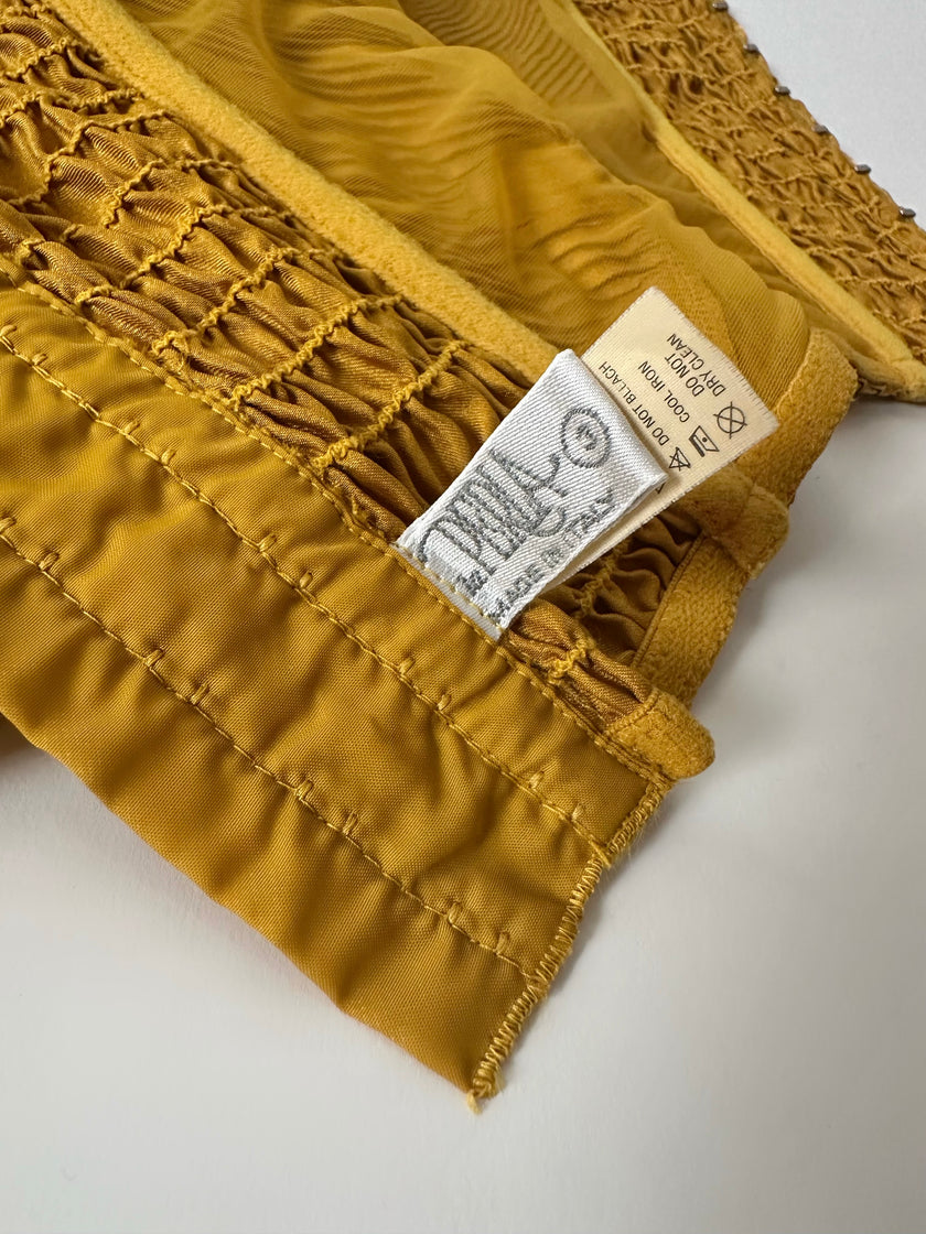 Bustier vintage La Perla in raso micro plissé ocra con scollo a cuore