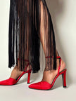 Décolleté vintage Yves Saint Laurent in raso di seta rosso lacca con cinturino alla caviglia