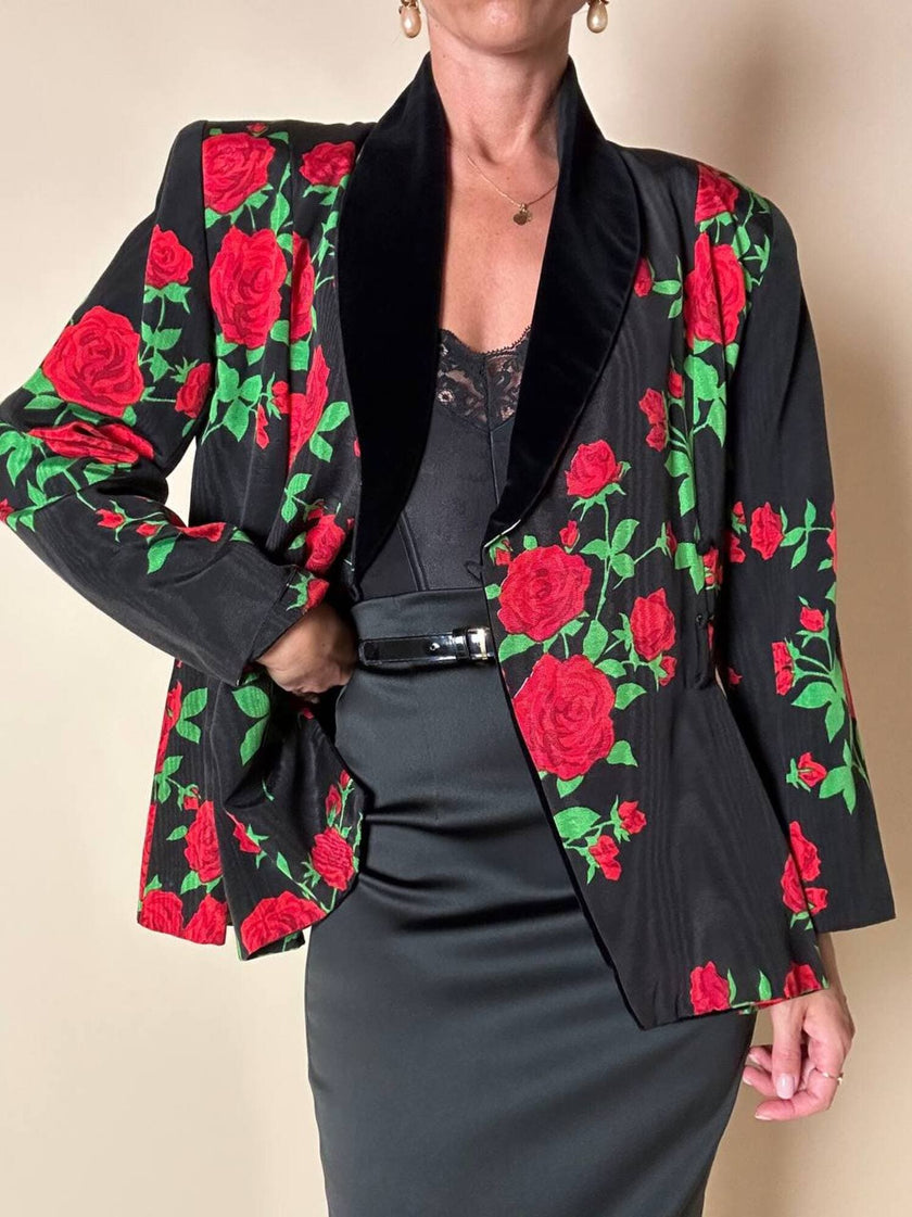 Blazer doppiopetto in tessuto moiré fantasia rose rosse