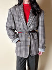 Blazer oversize in lana check beige e marrone con fodera fantasia uccellini