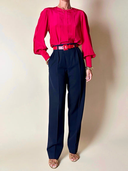 Pantalone Yves Saint Laurent Rive Gauche modello a vita alta in lana blu navy