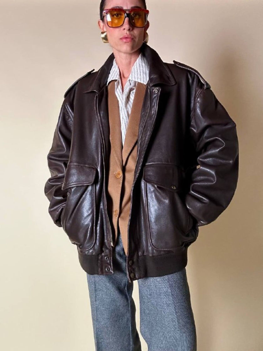 Bomber aviator oversize in pelle testa di moro