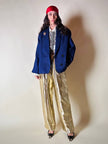 Blazer doppio petto in broccato blu Cina con bottoni gioiello