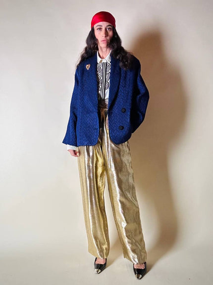 Blazer doppio petto in broccato blu Cina con bottoni gioiello