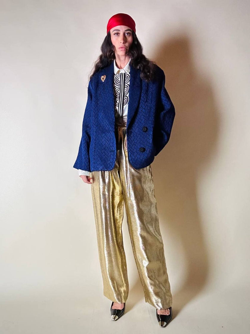 Blazer doppio petto in broccato blu Cina con bottoni gioiello