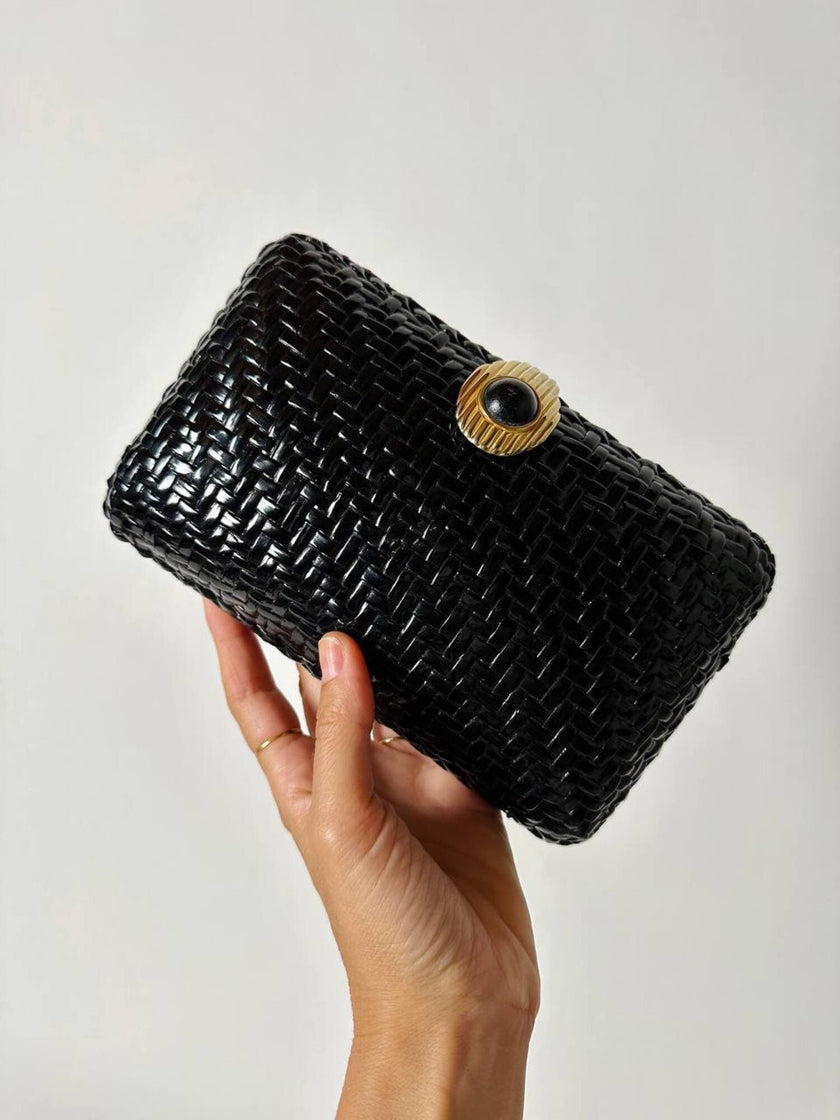 Borsa vintage Rodo in midollino nero e tracolla a carena