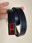 Cintura vintage Yves Saint Laurent double face blu navy e bordeaux con fibbia smaltata con logo YSL