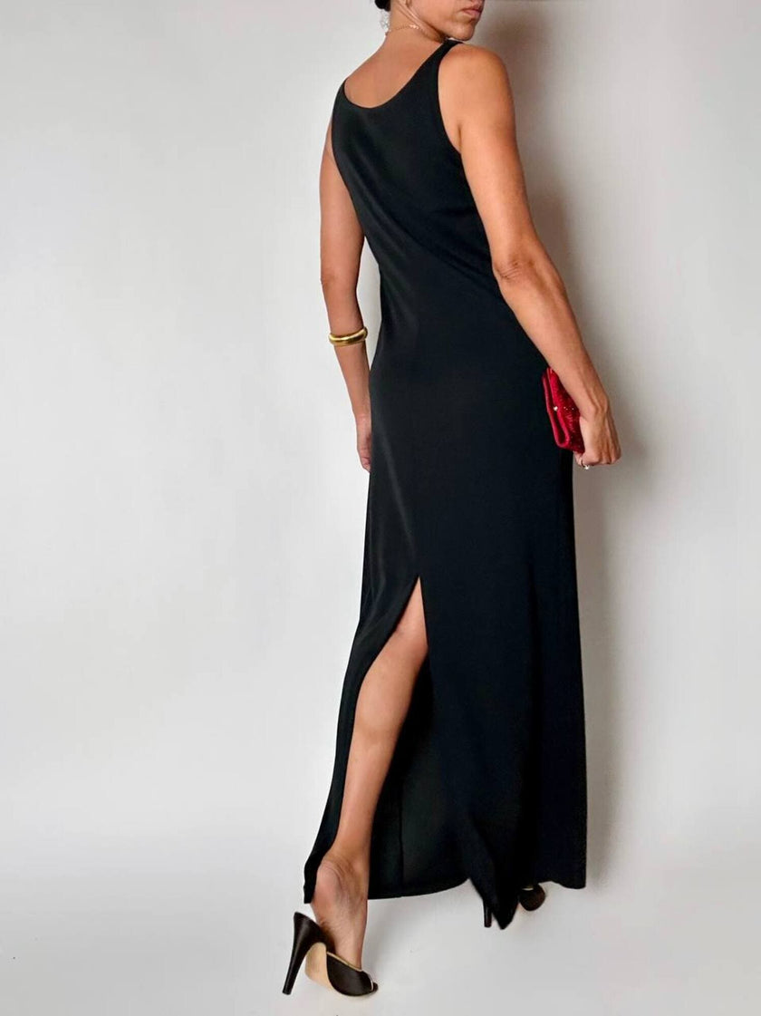 Abito lungo vintage La Perla in tessuto nero con coppe preformate e spacco posteriore
