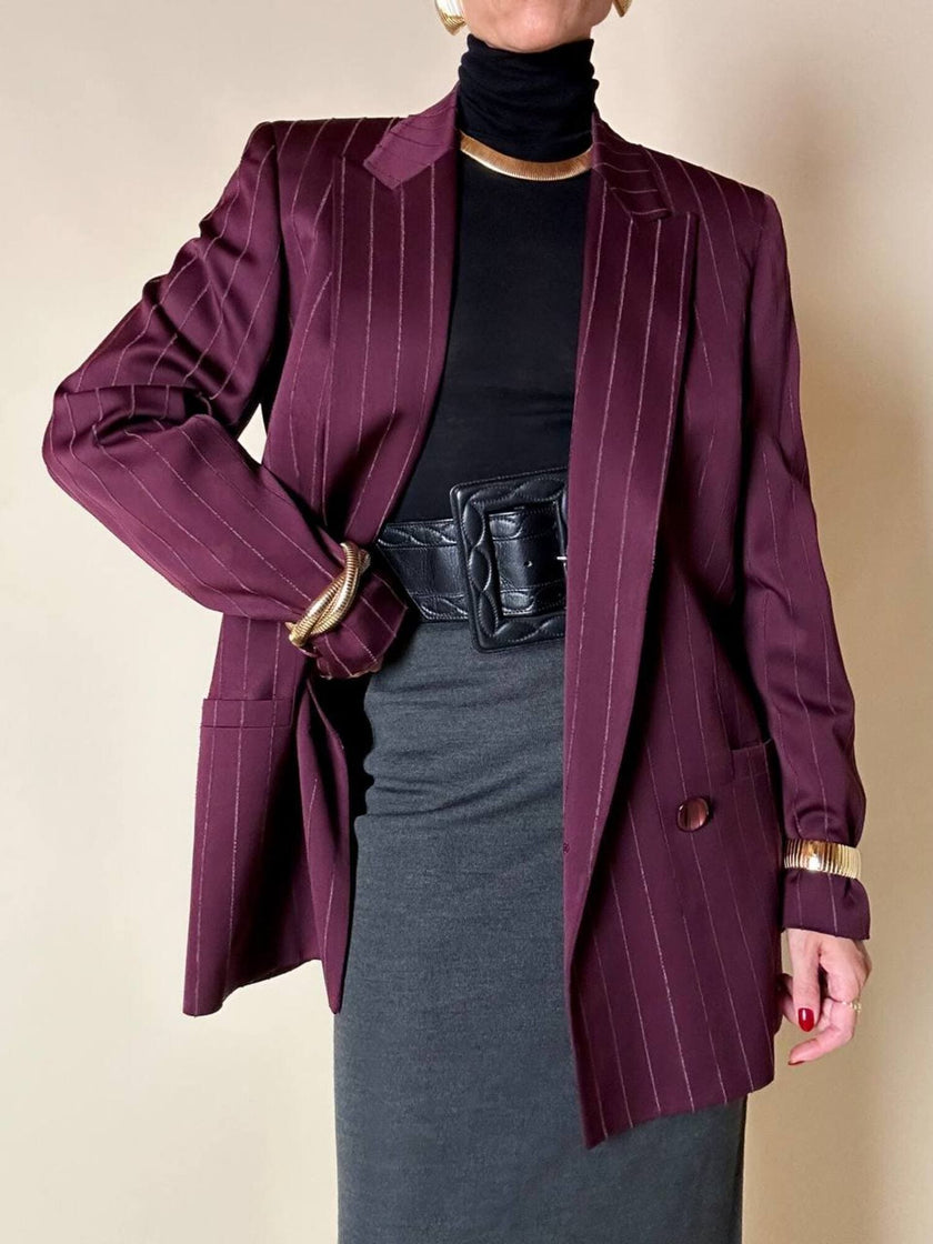 Blazer doppiopetto in rasato di lana gessato color burgundy “Gianni Versace”