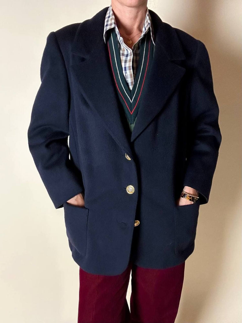 Blazer in lana e cachemire blu notte con bottoni gioiello dorati con testa di medusa