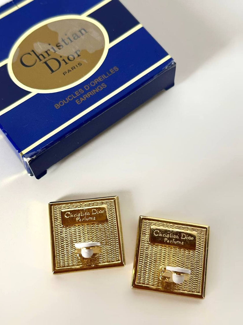 Orecchini a clip Christian Dior in metallo dorato con moduli in vetro bluette effetto mosaico