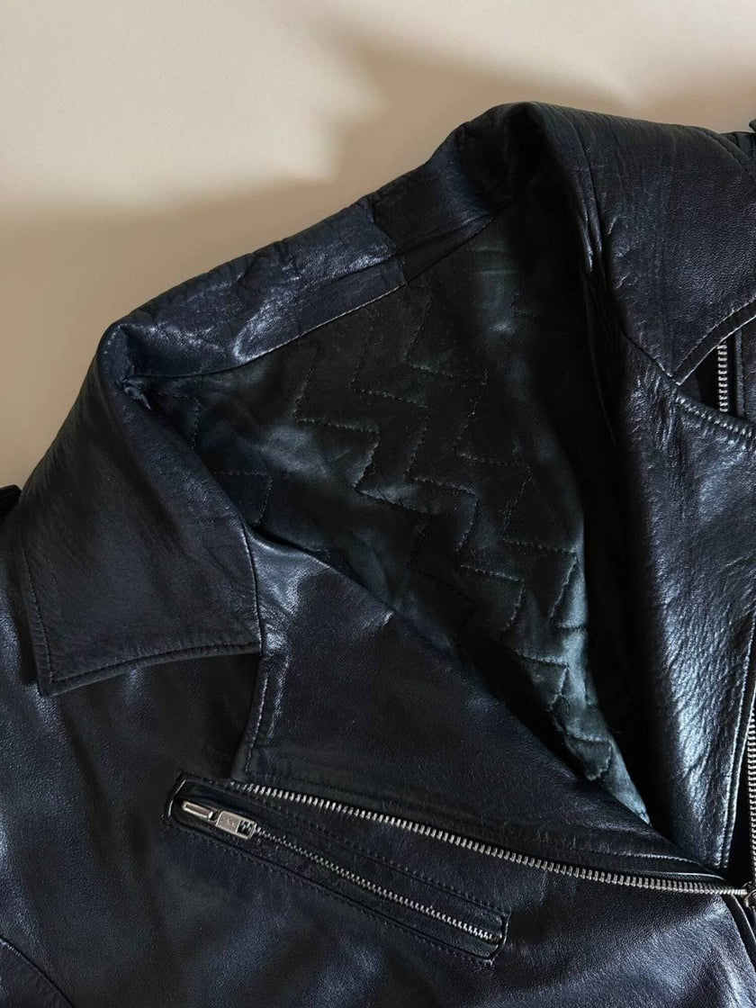 Giacca biker vintage in pelle nera ultra soft con fodera trapuntata in raso