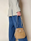 Borsa Yves Saint Laurent in tessuto plastificato millerighe color cammello con riporti in pelle argilla