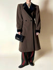 Alex & Tris green-brown wool double-breasted coat with martingale and black velvet trim