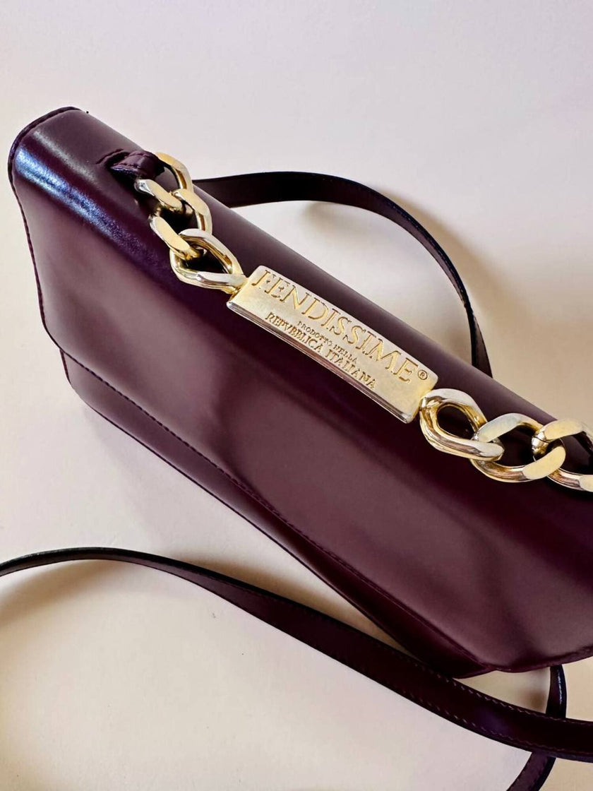 Fendissime handbag in burgundy brushed leather with gold chain jewel handle and detachable shoulder strap