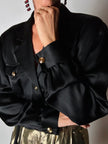 Camicia vintage Padovanelle in raso di seta nero con bottoni gioiello dorati