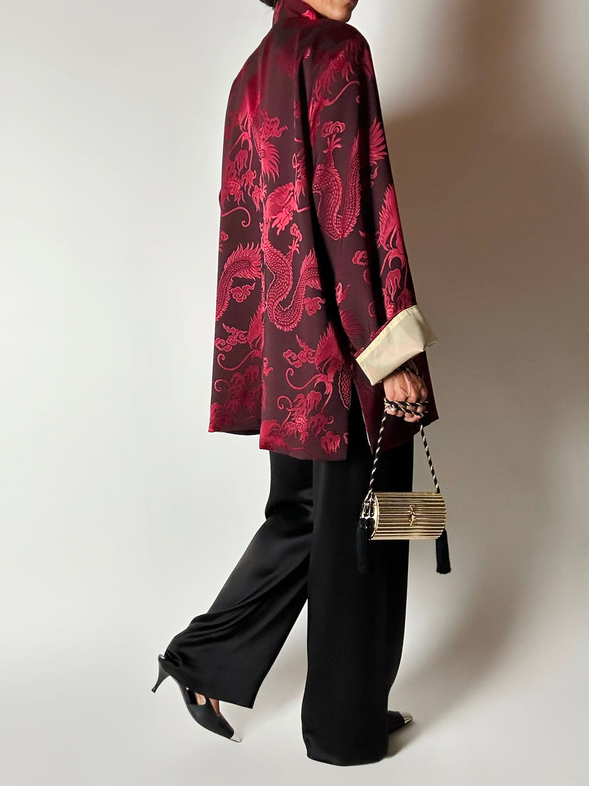 Giacca vintage in tessuto jacquard bordeaux con draghi cinesi e alamari