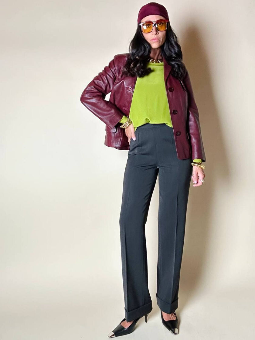 Pantalone a vita alta con piega in misto lana verde scuro grigiastro