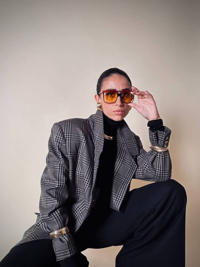 Blazer sartoriale in rasato di lana principe di Galles fango e nero