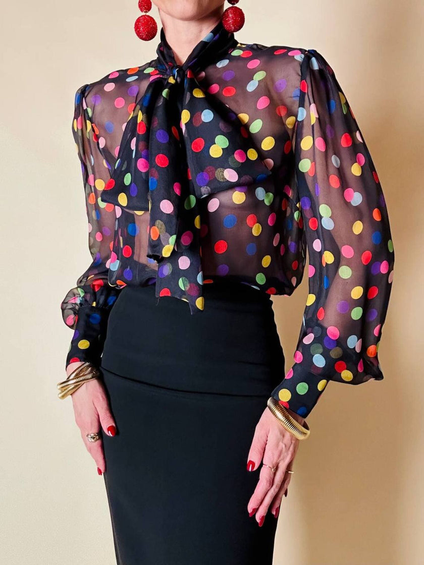 Camicia con fiocco in chiffon di seta nero a pois multicolor “D&G”