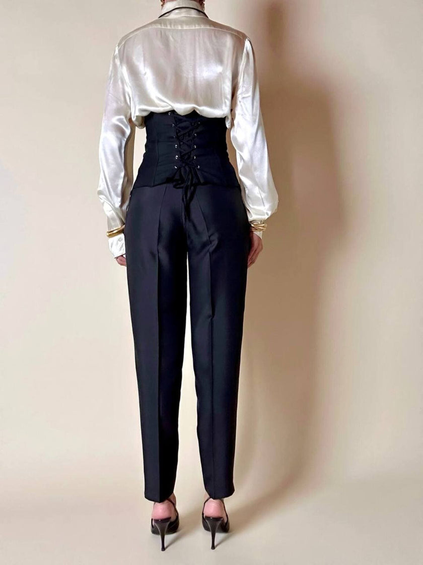 Pantalone vintage Gucci modello a vita alta con piega in seta nera