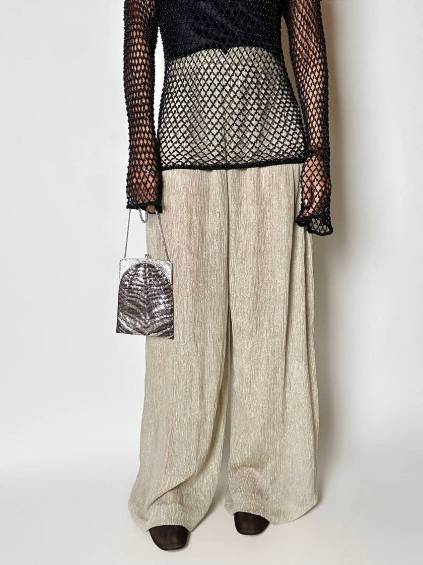 Pantalone a palazzo vintage Emporio Armani in seta goffrata champagne operata con filo metallico