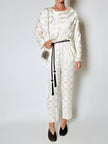 Jumpsuit vintage Spengler Mode in viscosa jacquard avorio con scollo drappeggiato