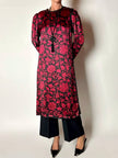 Abito Yves Saint Laurent Rive Gauche in raso con fantasia damascata rossa e nera