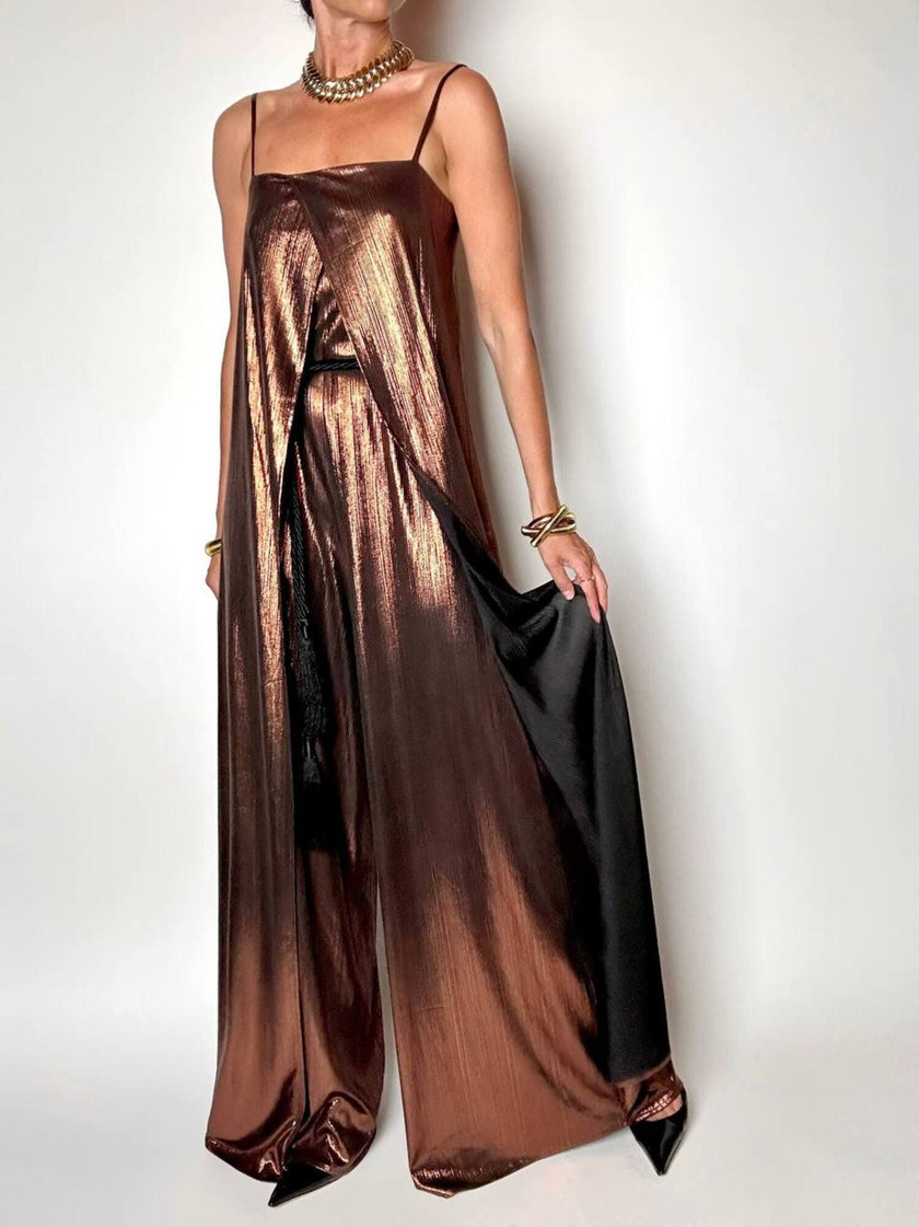 Jumpsuit a palazzo Weili Zheng in tessuto laminato bronzo