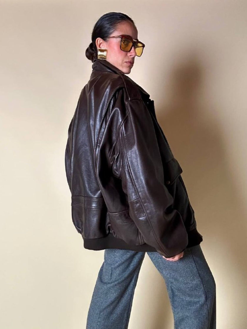 Bomber aviator oversize in pelle testa di moro