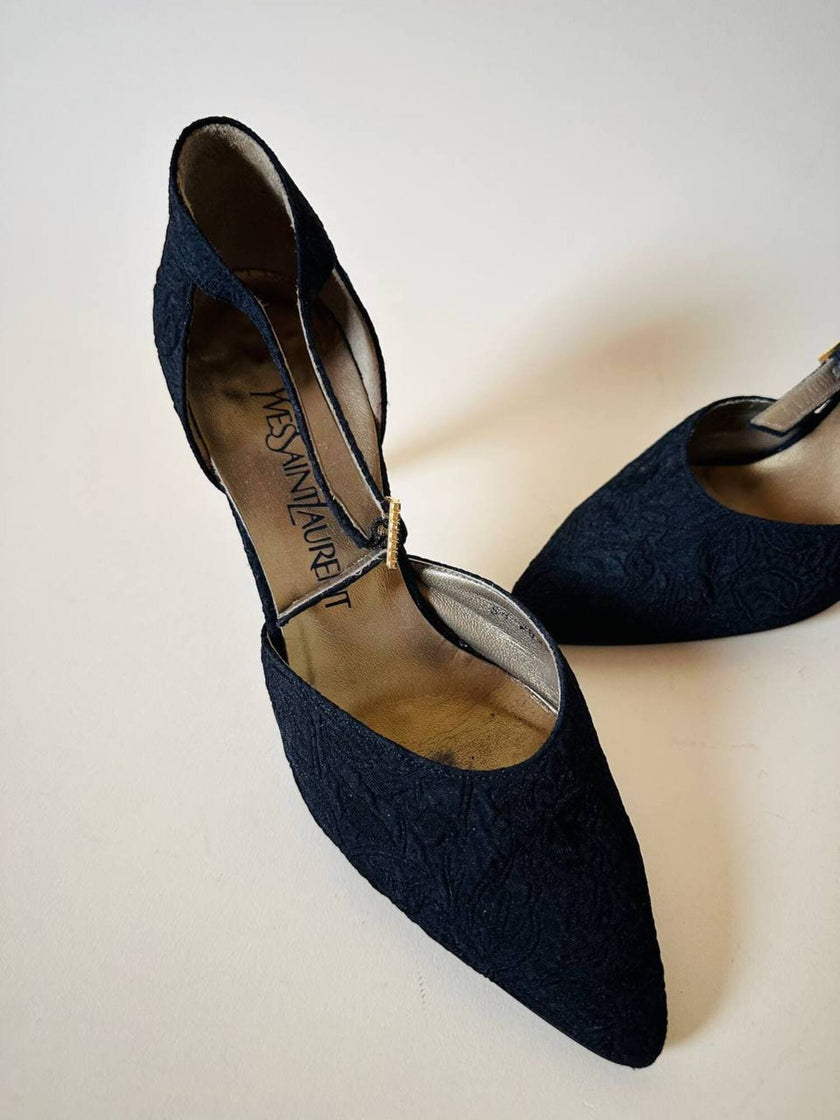 Scarpe in broccato nero con fibbie gioiello Yves Saint Laurent