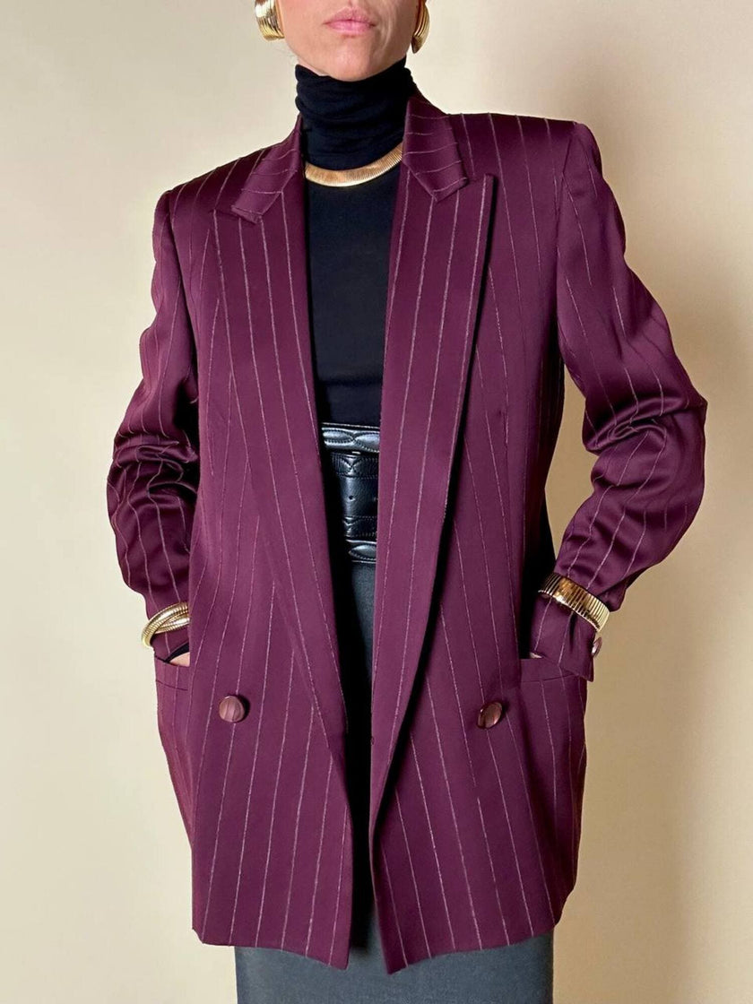 Blazer doppiopetto in rasato di lana gessato color burgundy “Gianni Versace”