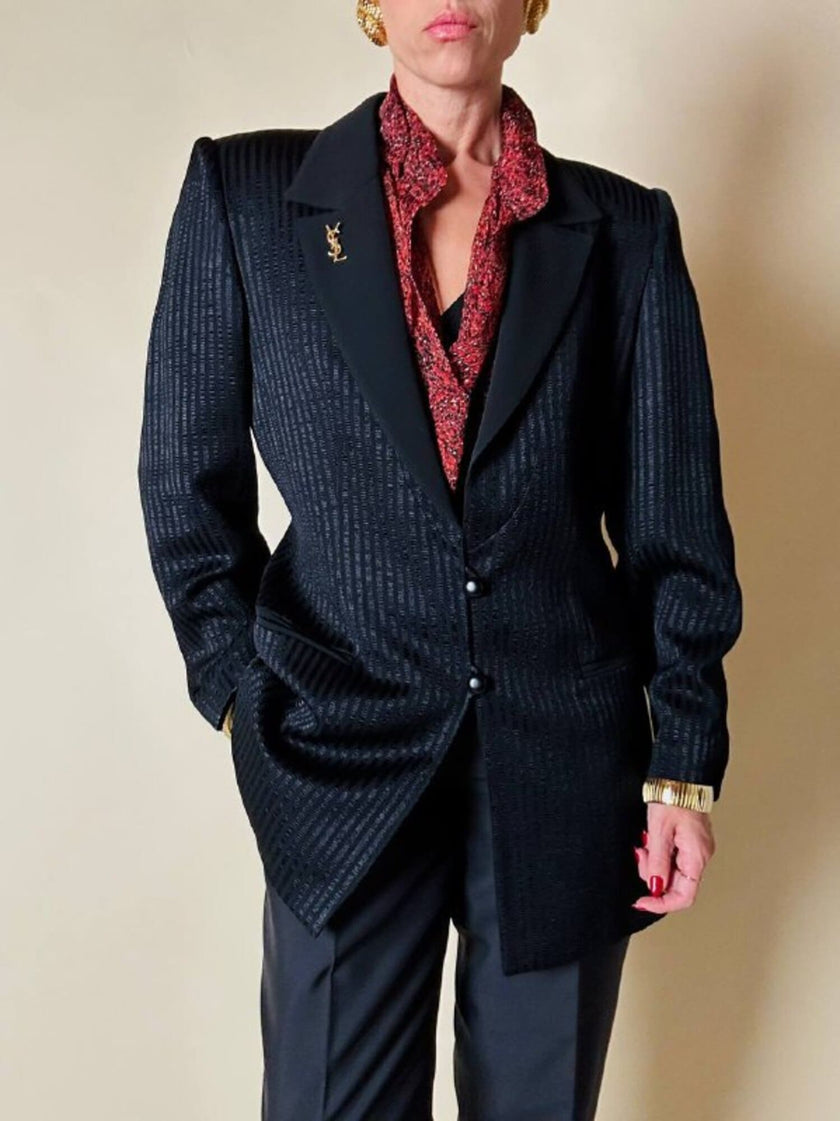 Blazer nero a righe in tessuto lucido “State off Claude Montana”